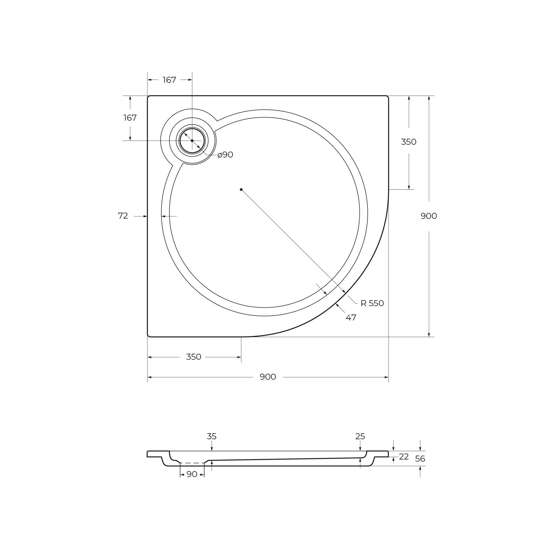 Поддон  из искусственного мрамора, радиальный, R-550 TRAY-S-R-90-550-56-W 900x900x56 CEZARES