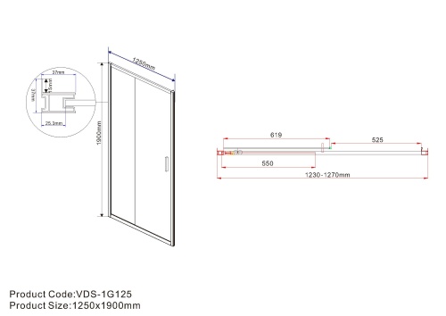 Душевая дверь  VDS-1G125CLGM 1250х1900 профиль вороненая сталь стекло прозрачное Vincea