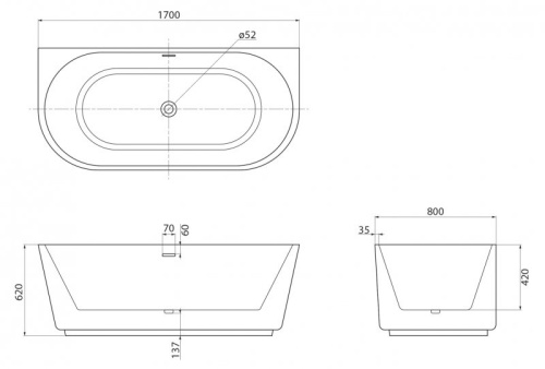 Пристенная, овальная акриловая ванна 1700x800x560 BB108-170-80 BELBAGNO