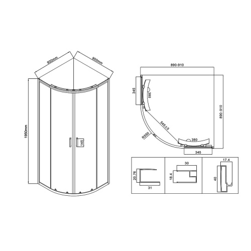 Душевой уголок четрверь круга  City VSQ-5CT900CLB 900x900 цвет черный стекло прозрачное Vincea