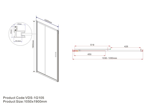 Душевая дверь Garda VDS-1G105CL, 1050, хром, стекло прозрачное, , шт Vincea