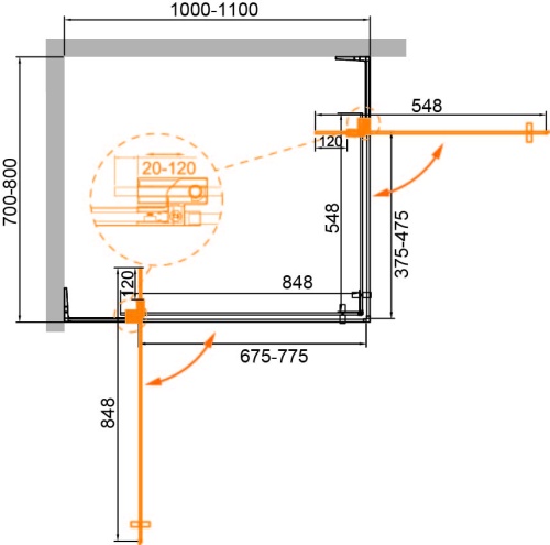 Душевой уголок прямоугольный SLIDER-AH-2-70/80-100/110-BR-Cr (700-800)x(1000-1100)x1950 Cezares