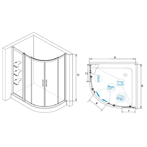 Душевой уголок RGW HO-62 (HO-51 + Z-42) полукруглый  90*120*195 03066292-11 профиль Хром стекло Прозрачное 8 мм RGW