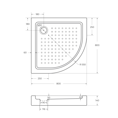 Поддон акриловый, полукруглый TRAY-A-R-80-550-15-W 800x800x150 CEZARES