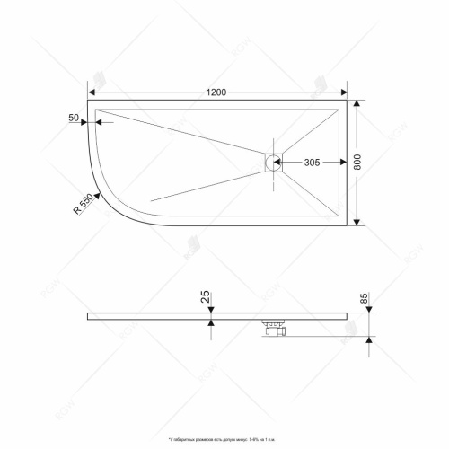 Душевой поддон асимметричный RGW ST/AR-G Графит мрамор  80*120*2,5 16154128-02R RGW