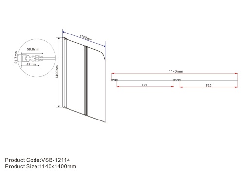 Шторка на ванну, складная  VSB-12114CLB 1140х1400 цвет черный стекло прозрачное Vincea