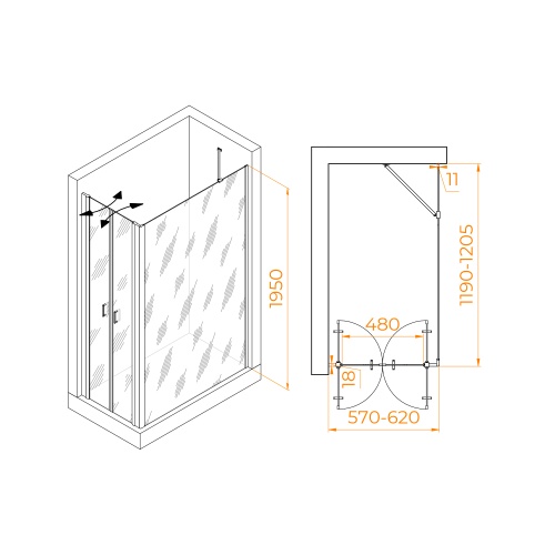 Душевой уголок RGW PA-144 (PA-104 + Z-050-2 + O-204) прямоугольный   60*120*195 060814462-11 профиль Хром стекло Прозрачное 6 мм RGW