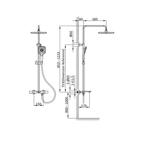 Душевая стойка Next VSFS-1N1TMB термостатическая с изливом, 25см верх душ, черный, , шт Vincea