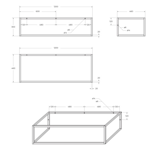 Сварное металлическое консольное крепление столешницы, 1200x460x300 EK-120-ST Nero  BelBagno