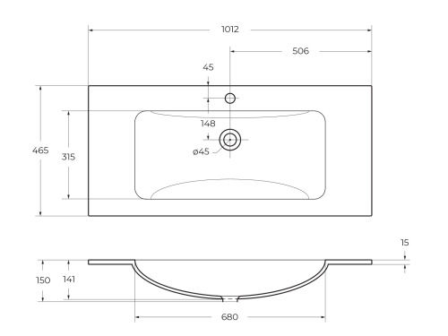 Стеклянная раковина 1010x465x145 мм без перелива, белая матовая BB1010/465-LV-VTR-BO Bianco Opaco BELBAGNO