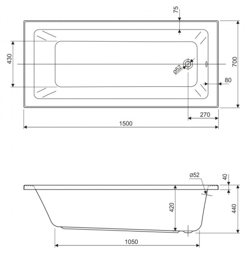 Акриловая ванна PLANE SOLO MINI-150-70-42-W37 1500x7000x420 CEZARES