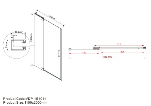 Душевая дверь Extra VDP-1E1011CLGM 1000/1100х2000 цвет вороненая сталь стекло прозрачное Vincea