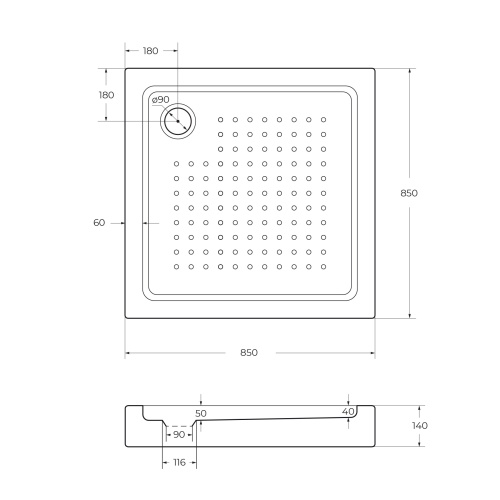 Поддон акриловый, квадратный TRAY-A-A-85-15-W 850x850x150 Cezares