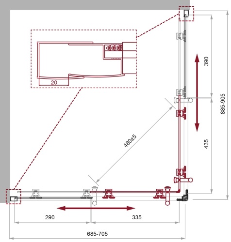 Душевой уголок прямоугольный  900x700x1950 UNO-195-AH-2-90/70-P-Cr BELBAGNO