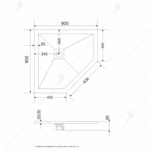 Душевой поддон трапеция RGW ST/T-G Графит мрамор  90*90*2,5 16155099-02 RGW