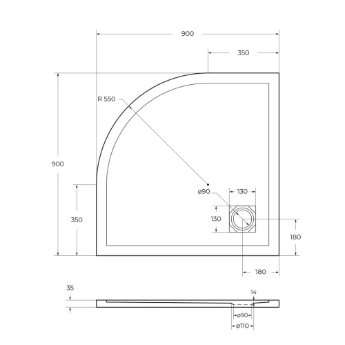 Поддон из искусственного мрамора, радиальный 900x900x35 TRAY-MR-UNO-R-90-550-35-NERO-CR BelBagno