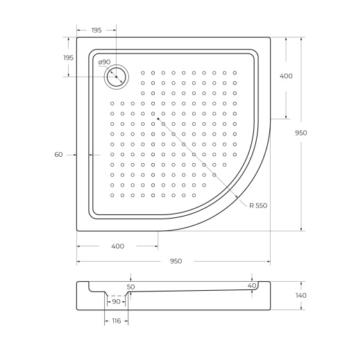 Поддон акриловый, радиальный, R-550 TRAY-A-R-95-550-15-W 950x950x150 Cezares