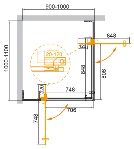 Душевой уголок прямоугольный SLIDER-AH-2-90/100-100/110-GRIGIO-NERO (900-1000)x(1000-1100)x1950 Cezares