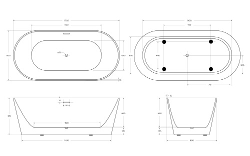 Отдельностоящая, овальная акриловая ванна 1700x800x600 BB416-1700-800 BELBAGNO