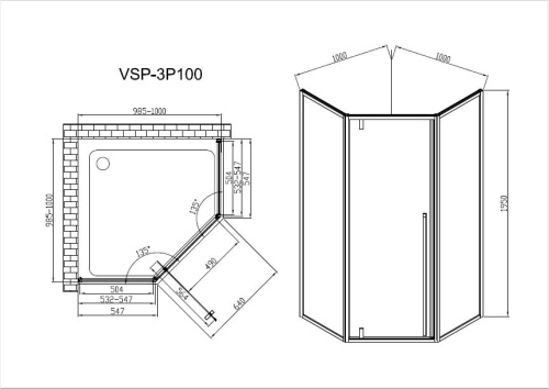 Душевой уголок Penta VSP-3P100CLB, 1000*1000, черный, стекло прозрачное, , шт Vincea