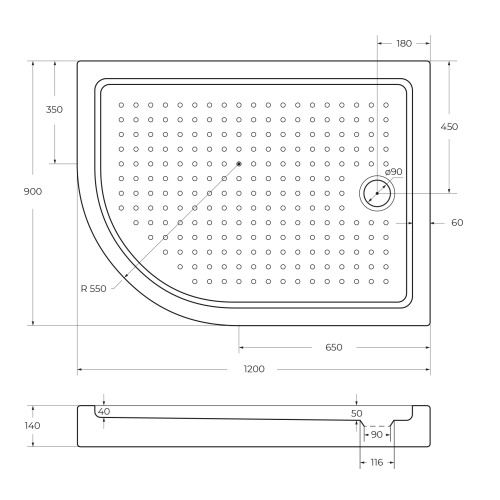 Поддон акриловый, ассиметричный радиальный, R-550 TRAY-A-RH-120/90-550-15-W-R 1200x900x150 Cezares