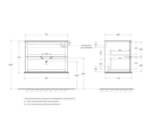 Тумба подвесная под раковину с двумя выдвижными ящиками TIFFANY 74x46x55 Blu Petrolio 54950 CEZARES