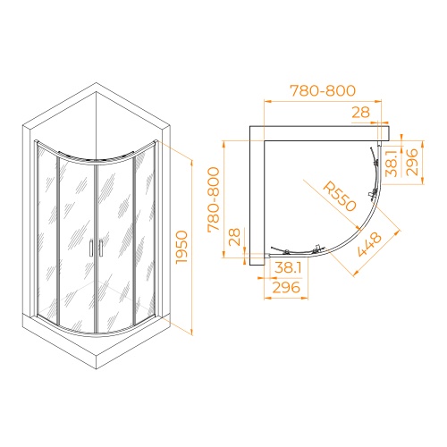 Душевой уголок RGW PA-52 полукруглый  80* 80*195 03085288-11 профиль Хром стекло Прозрачное 6 мм RGW