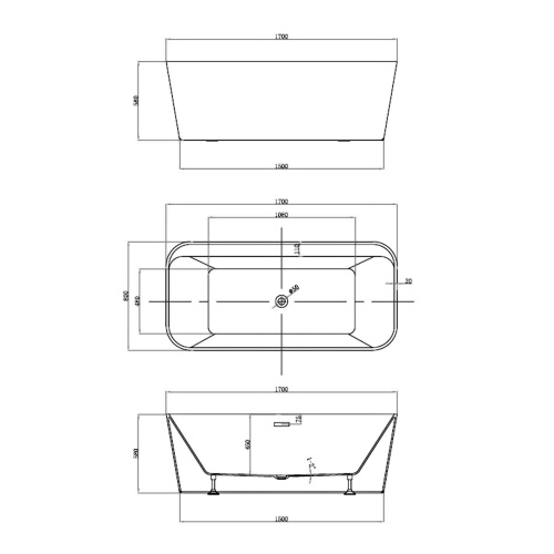 Ванна акриловая Vincea VBT-401-1700, 1700*800*580, цвет белый, слив-перелив в комплекте, хром , , шт Vincea