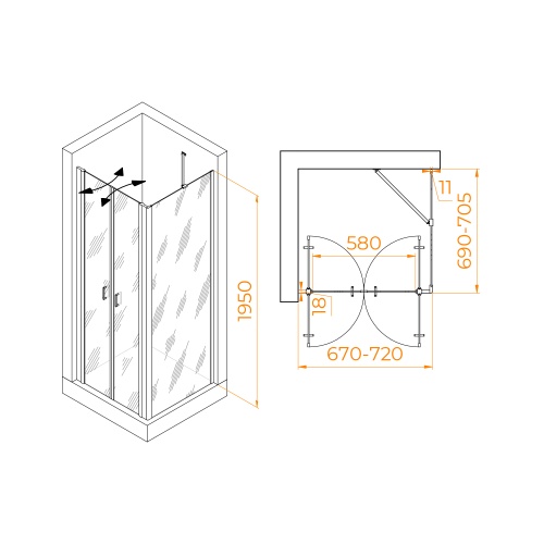 Душевой уголок RGW PA-134 (PA-104 + Z-050-2 + O-204) прямоугольный   70* 70*195 060813477-11 профиль Хром стекло Прозрачное 6 мм RGW