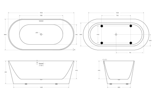 Отдельностоящая, овальная акриловая ванна 1700x800x600 BB416-1700-800 BELBAGNO