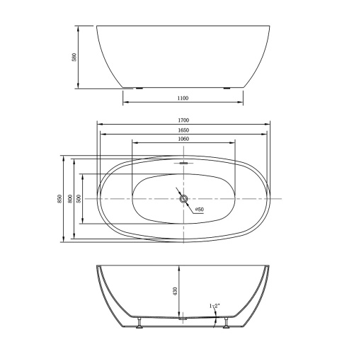 Ванна акриловая Vincea VBT-404-1700, 1700*850*580, цвет белый, слив-перелив в комплекте, хром , , шт Vincea