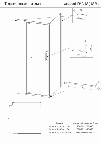 Душевой угол распашной квадратный RV18B-100-01-C5 1000x1000x2000 профиль Чёрный стекло Прозрачное Veconi