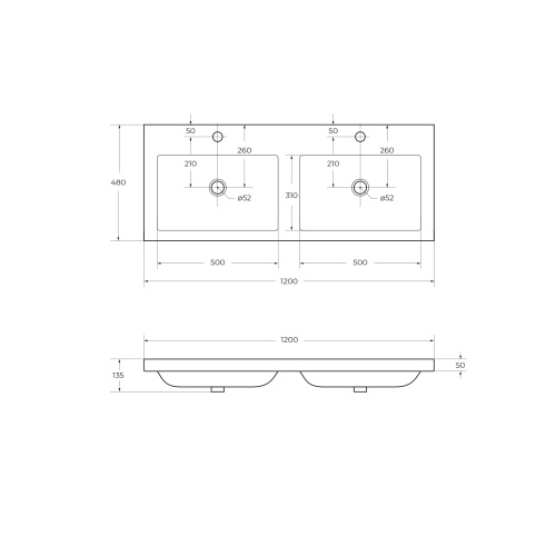 Раковина из искусственного мрамора с двумя чашами ECO 120x48x5 Bianco Lucido CZR-1200/480-2-LV-MR-ECO CEZARES