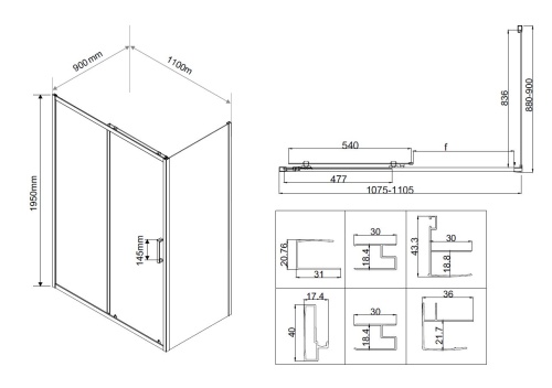 Душевой уголок прямоугольный VSR-5CT9011CL 1200x900x1950 профиль хром стекло  прозрачное Vincea