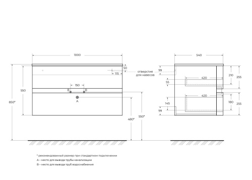 Тумба под раковину с двумя выдвижными ящиками ELETTRA 100x51x55 Bianco opaco 55525 CEZARES