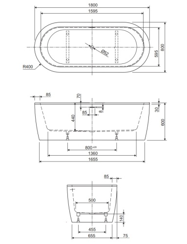 Акриловая ванна отдельно стоящая SLIM CENTRAL-180-80-60-W37-SET 1800x800x600 Cezares