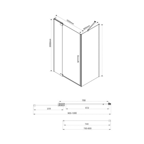 Душевой уголок, прямоугольный Extra VSR-1E901080CL 900/1000х800х2000 цвет хром стекло прозрачное Vincea