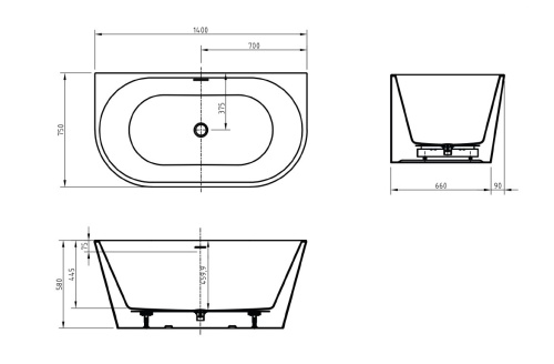 Пристенная, овальная акриловая ванна 1400х750х580 BB710-1400-750 BELBAGNO