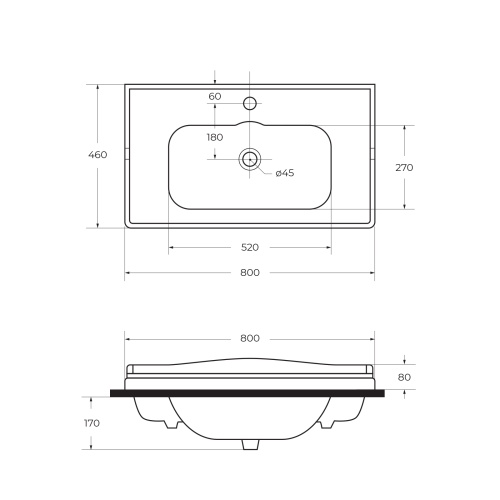 Керамическая раковина, чаша в центре GIUBILEO 80x46x8 Bianco Lucido CZR-ELT-80-LVB CEZARES