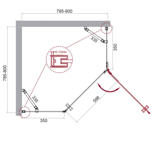 Душевой уголок пятиугольный 800x800x1950 KRAFT-P-1-80-C-Cr-R BELBAGNO