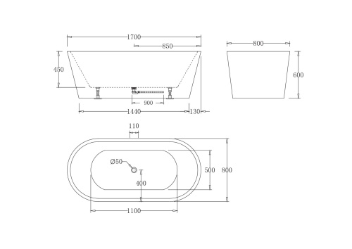 Отдельностоящая, овальная акриловая ванна 1700x800x600 BB71-1700-W0 BELBAGNO