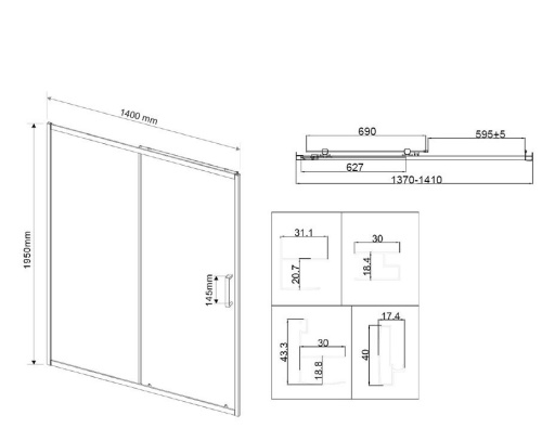 Душевая дверь City VDS-5CT140CLB 1400x1950 цвет черный стекло прозрачное Vincea