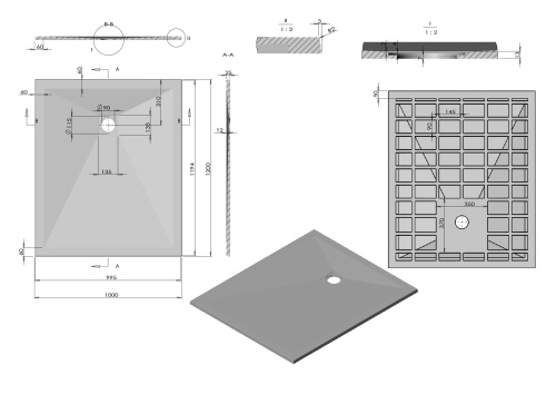 Поддон для душа из искусственного камня VST-4SR1012G,1200*1000*25, серый, , шт Vincea